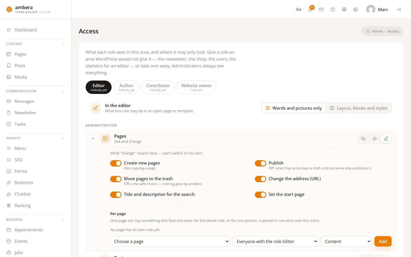 WordPress user permissions per role and per area — down to a single page