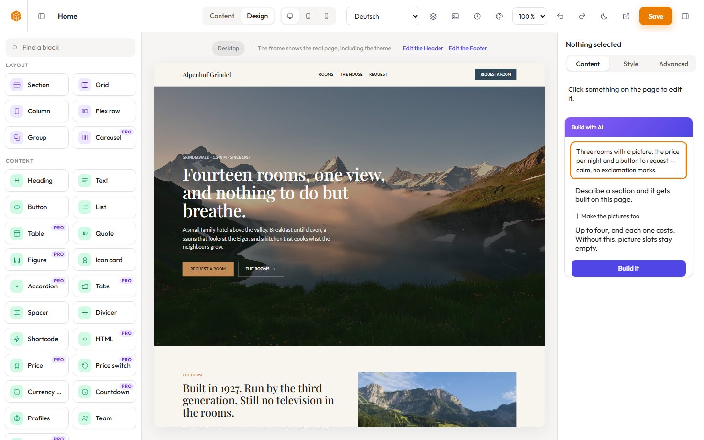 Build with AI: sections, text and images from a description — with your own key
