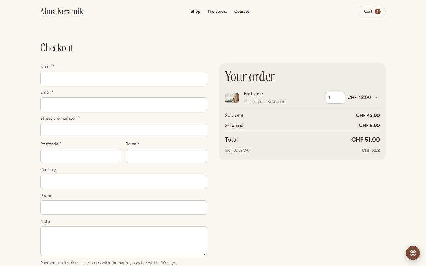 Stripe, Payrexx with TWINT, PayPal — or an invoice.