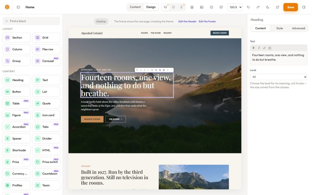 The editor with a page of the hotel demo