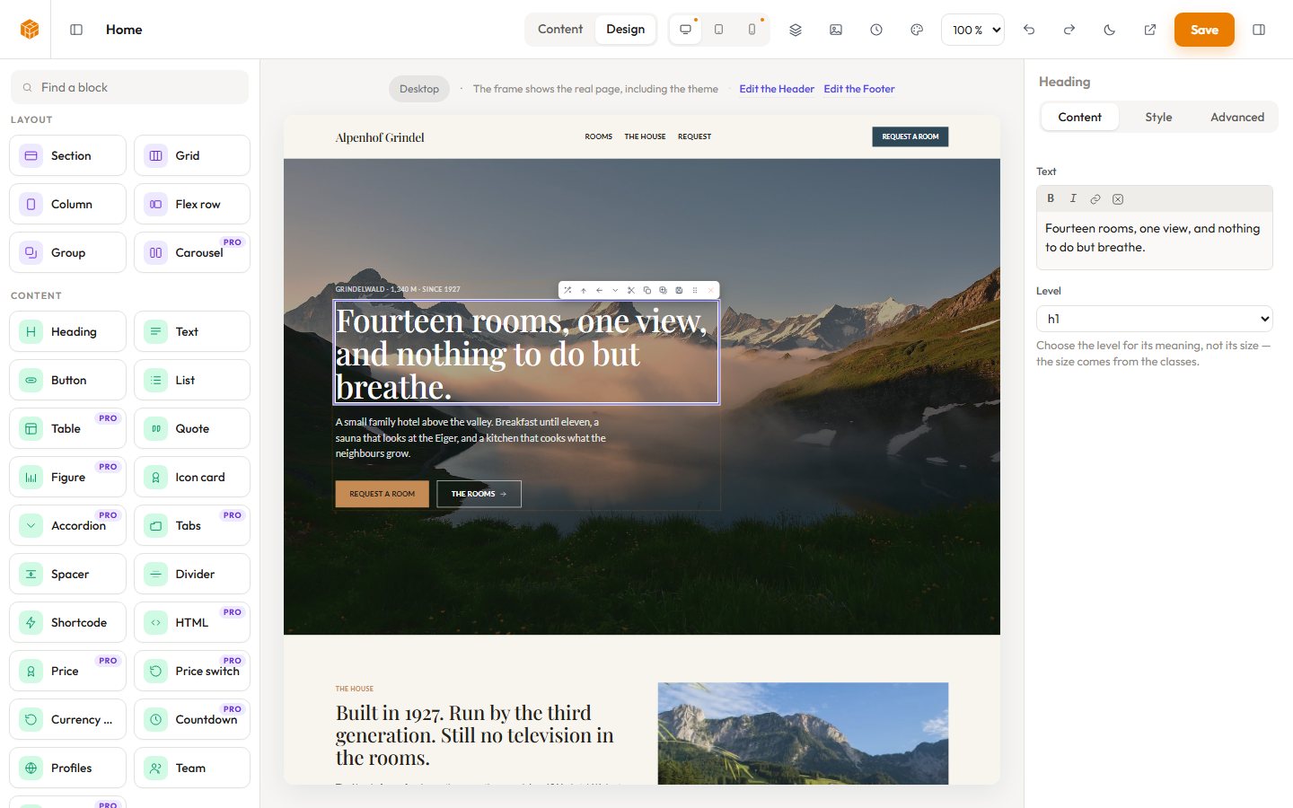 The editor with a page of the hotel demo