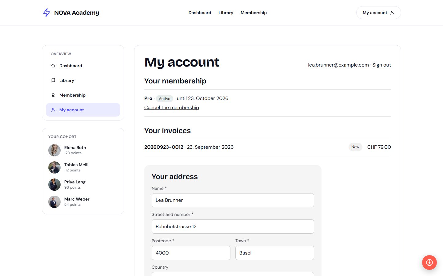 Invoices, address, password — self-service.