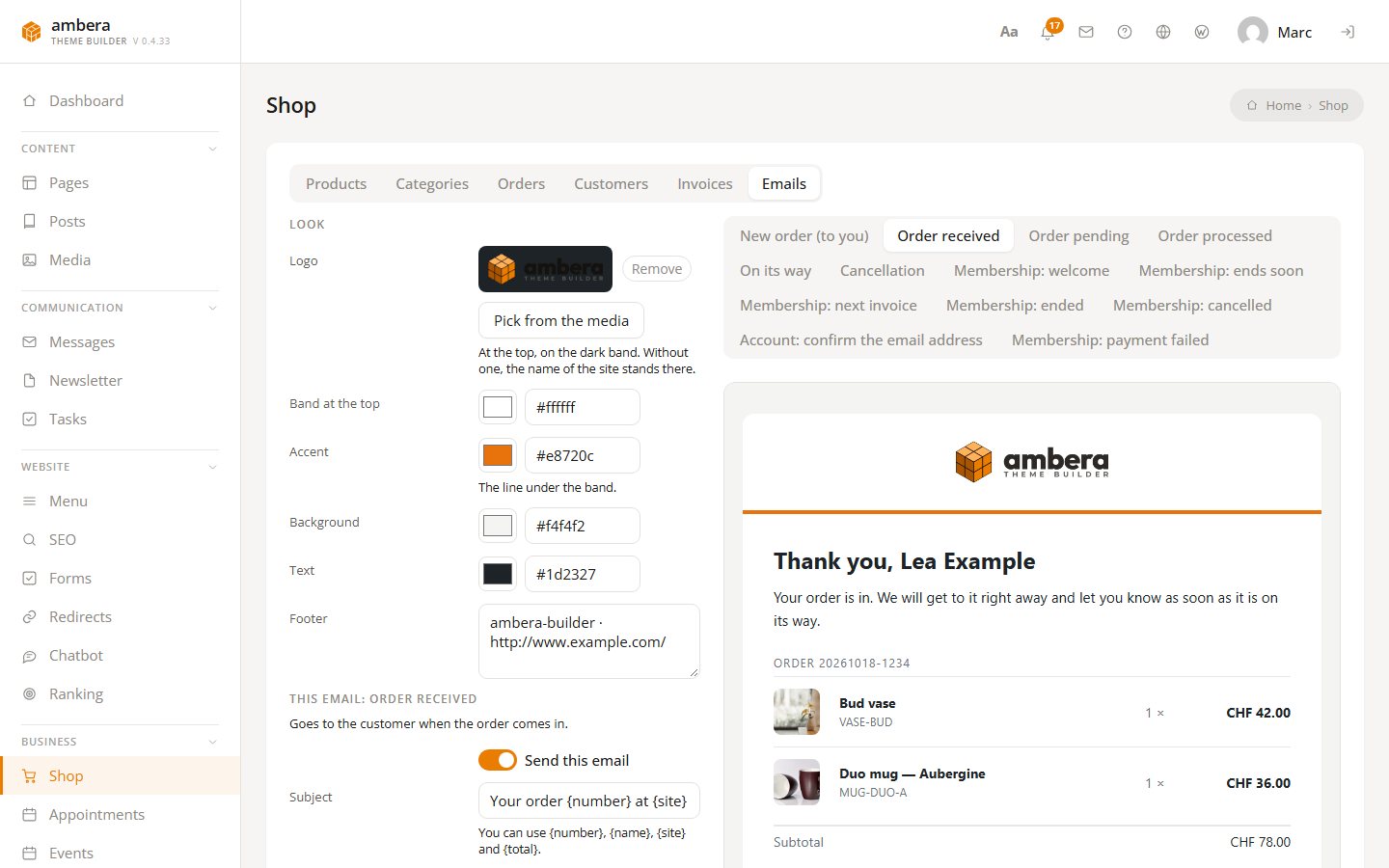 Shop mails are templates, in the same builder.