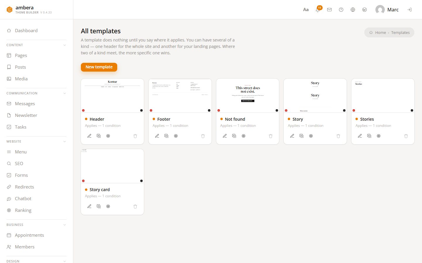 The templates of a site in the client area
