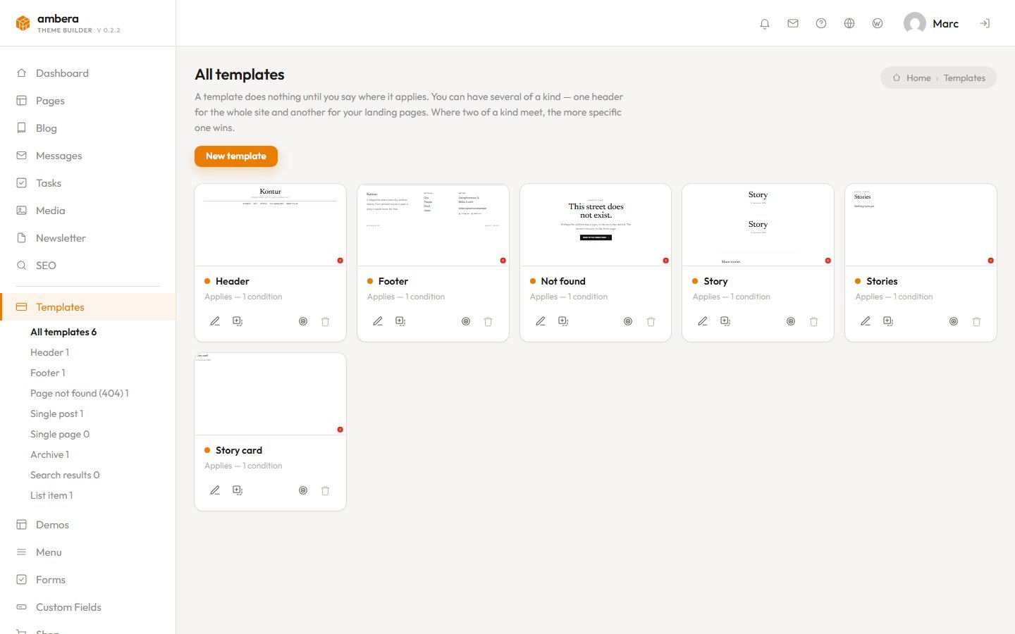 The templates of a site in the client area